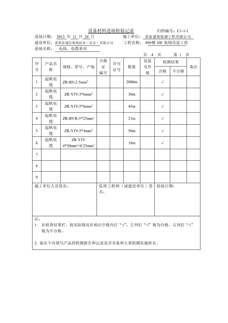 设备材料进场检验记录