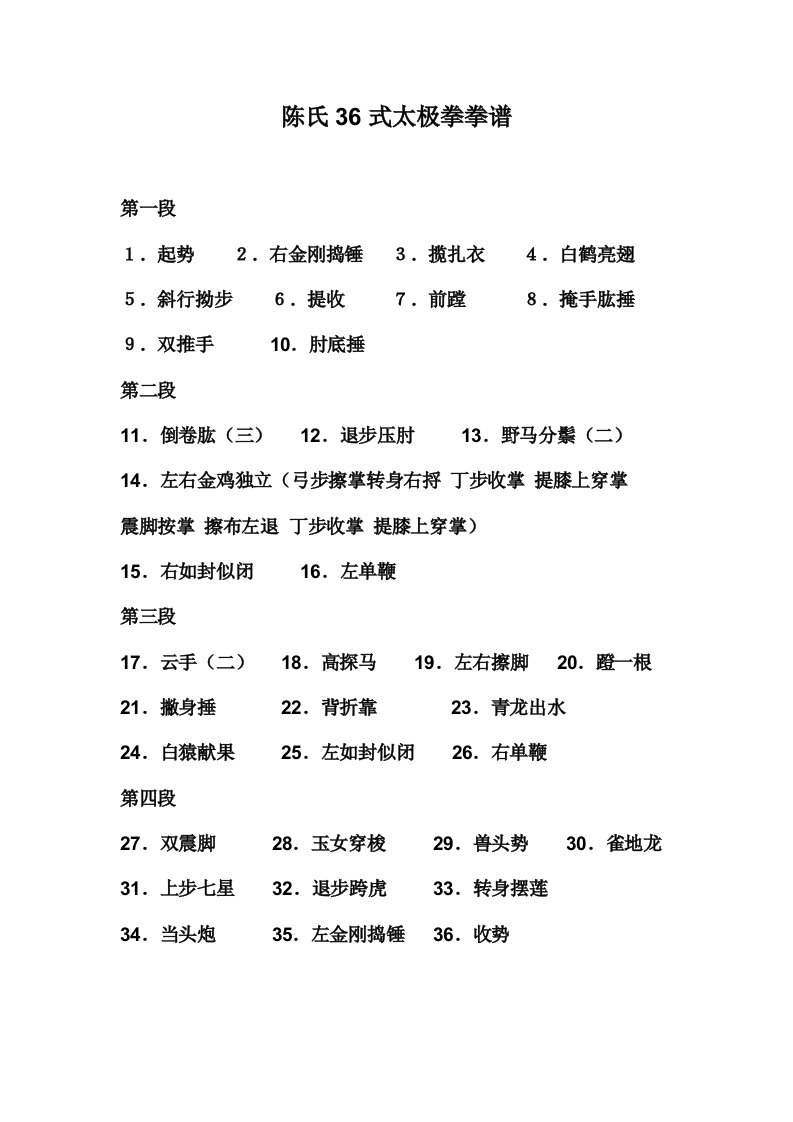 陈氏36式太极拳拳谱