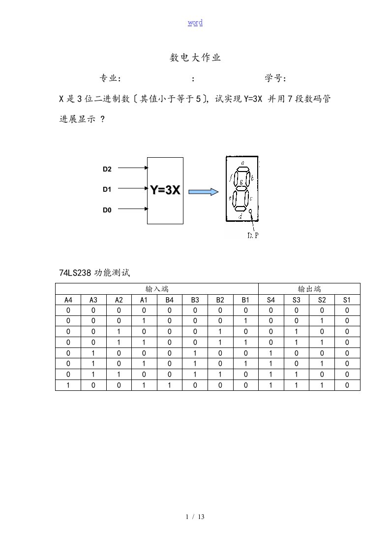 已知X是3位二进制数(其值小于等于5),试实现Y=3X并用7段数码管进行显示