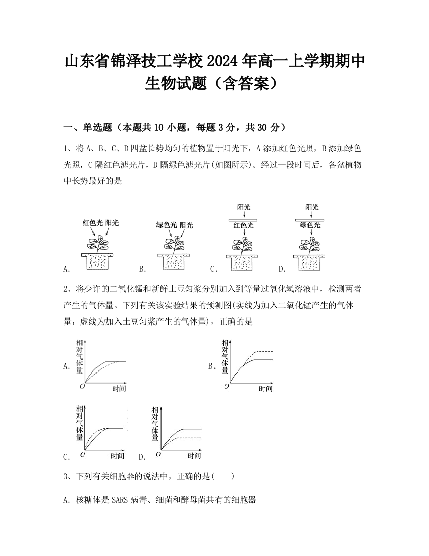 山东省锦泽技工学校2024年高一上学期期中生物试题（含答案）