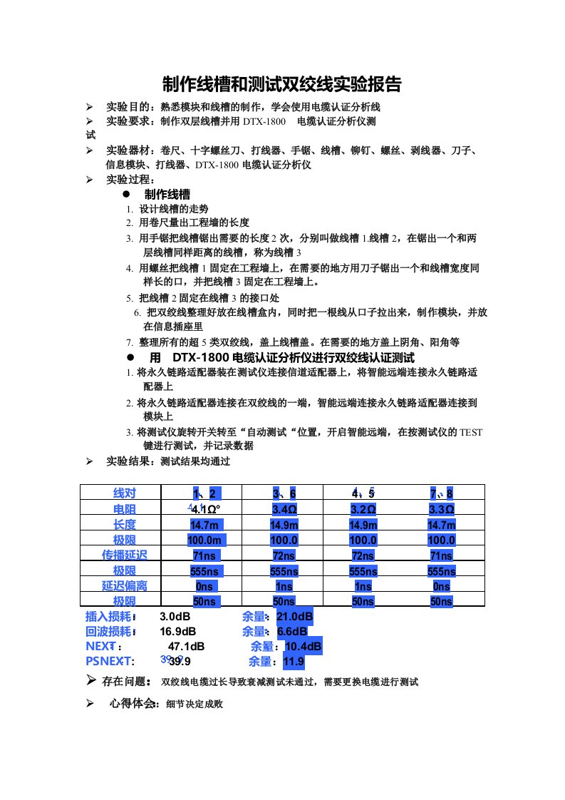 制作线槽和测试双绞线实验报告庞晓鸽