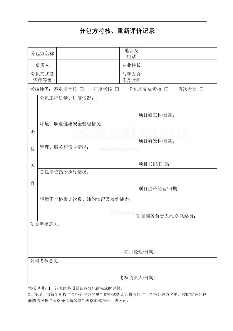 建筑资料-分包方考核重新评价记录