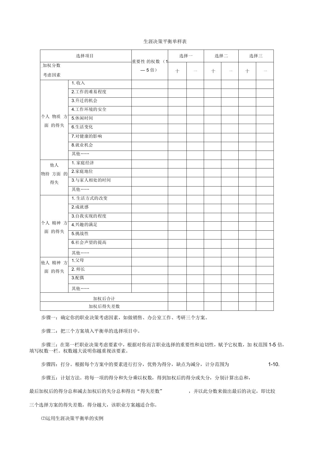 生涯决策平衡单