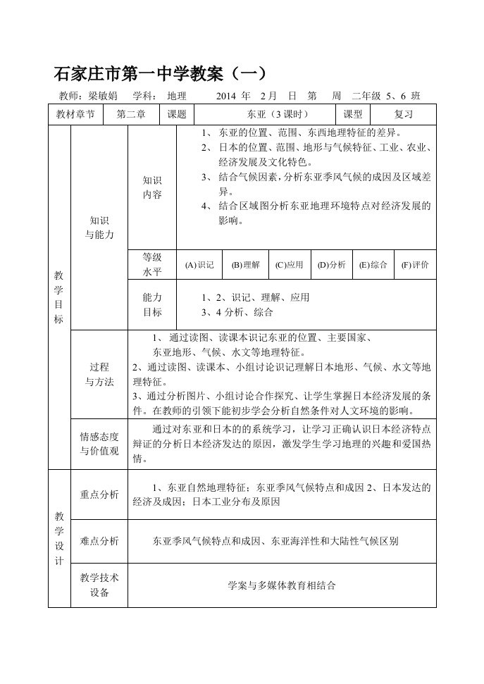 高二级区域地理复习《东亚》教案