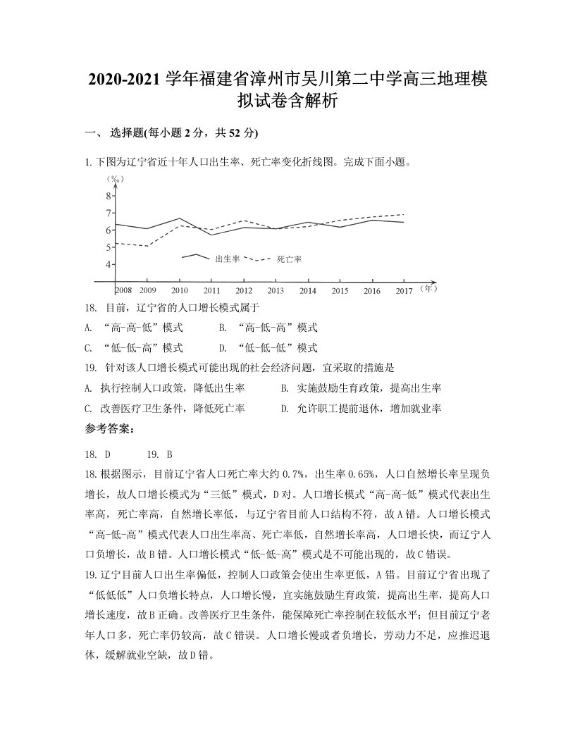 2020-2021学年福建省漳州市吴川第二中学高三地理模拟试卷含解析