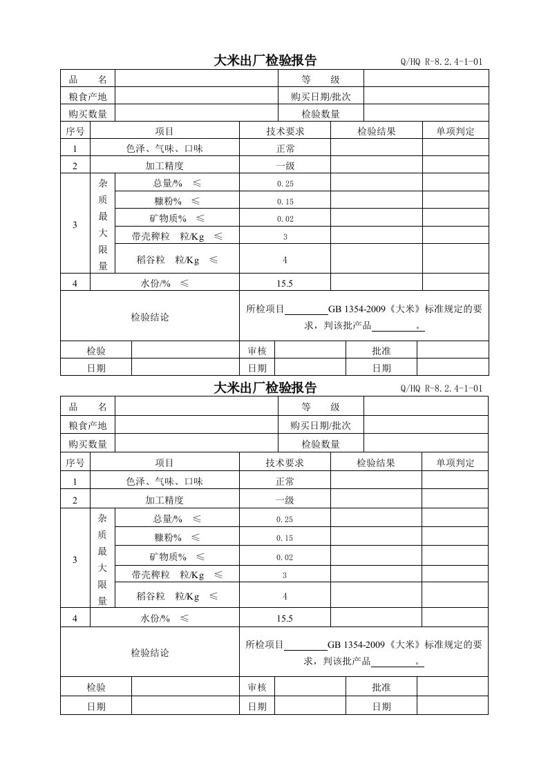 大米出厂检验报告单