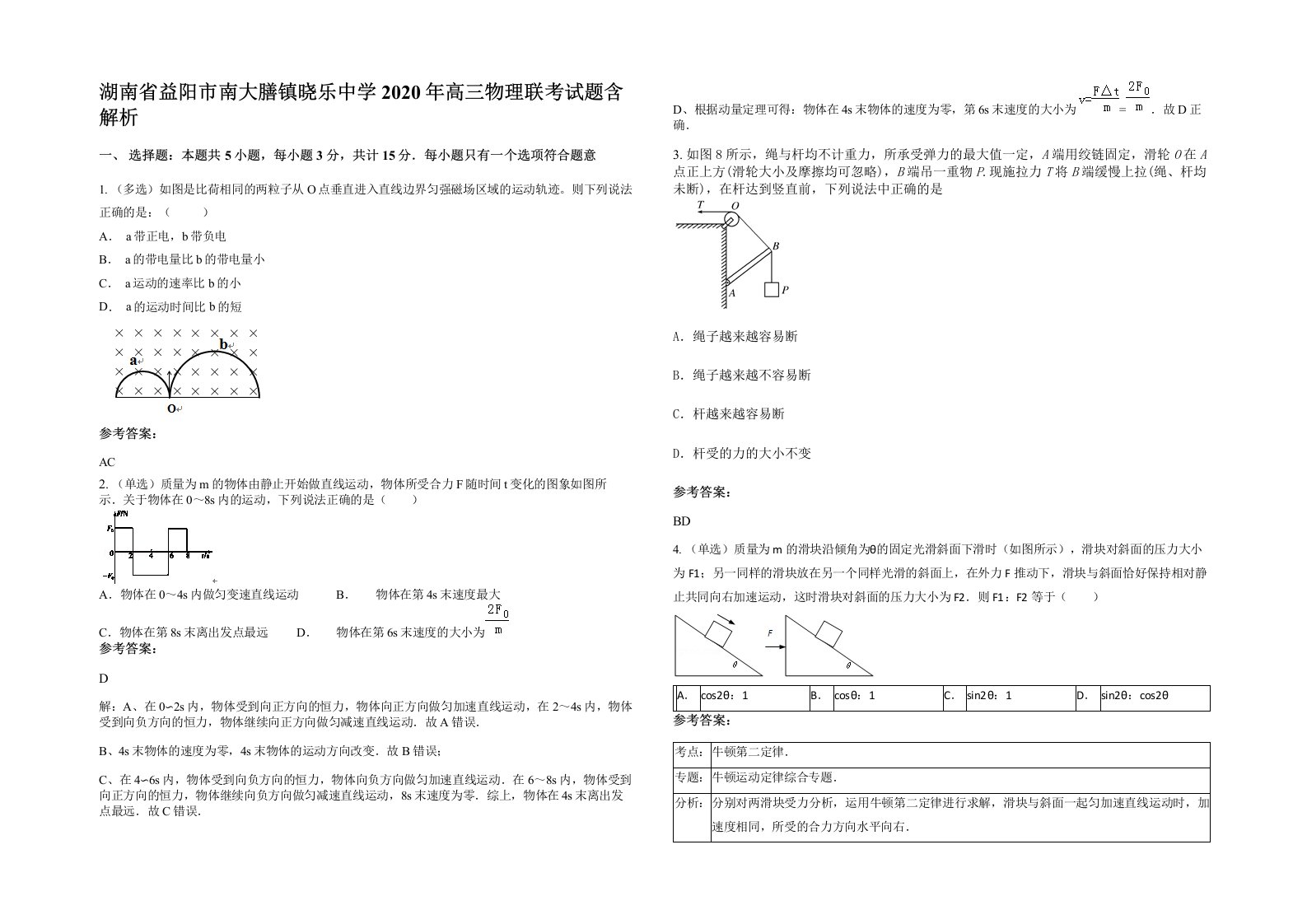 湖南省益阳市南大膳镇晓乐中学2020年高三物理联考试题含解析