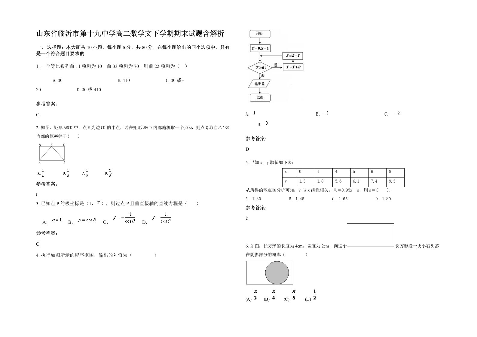 山东省临沂市第十九中学高二数学文下学期期末试题含解析