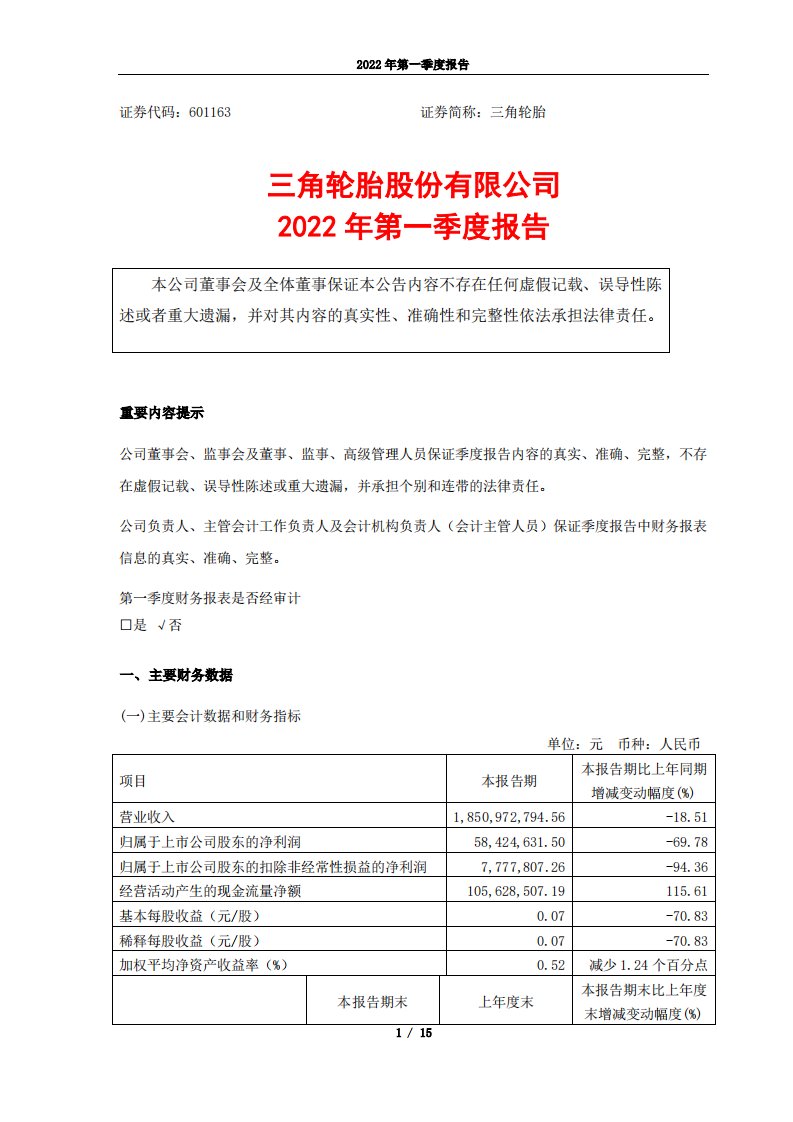 上交所-三角轮胎2022年第一季度报告-20220426