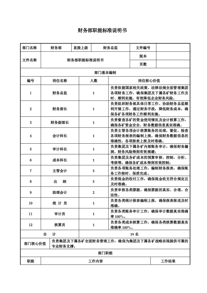 财务部部门职能标准说明书