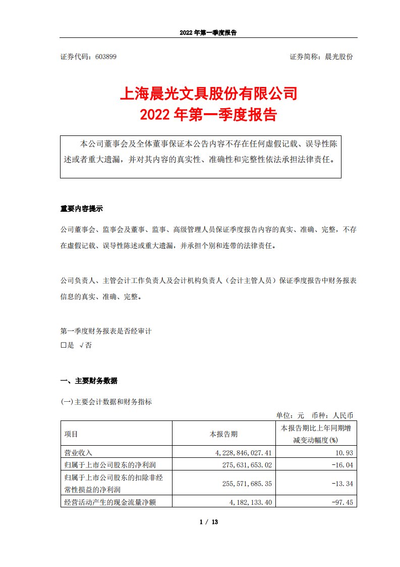 上交所-上海晨光文具股份有限公司2022年第一季度报告-20220428