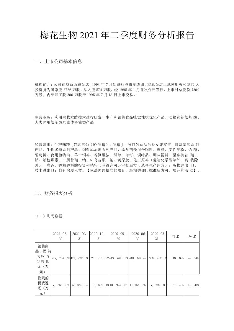 梅花生物2021年二季度财务分析报告