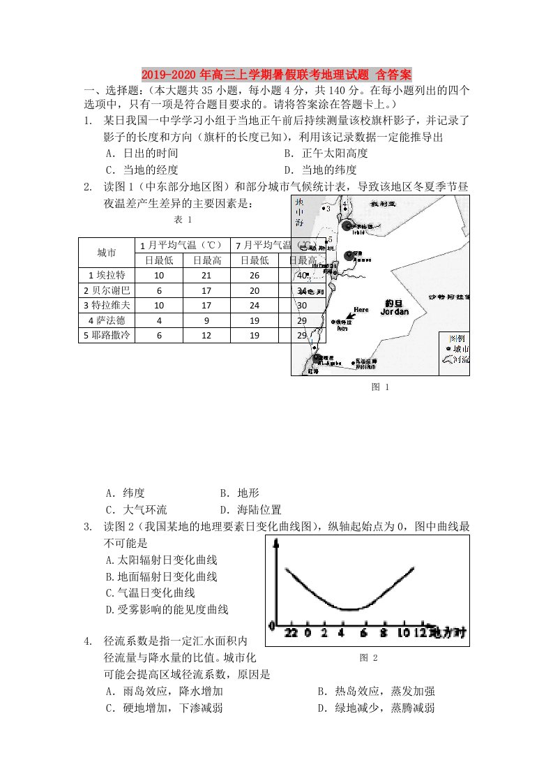 2019-2020年高三上学期暑假联考地理试题