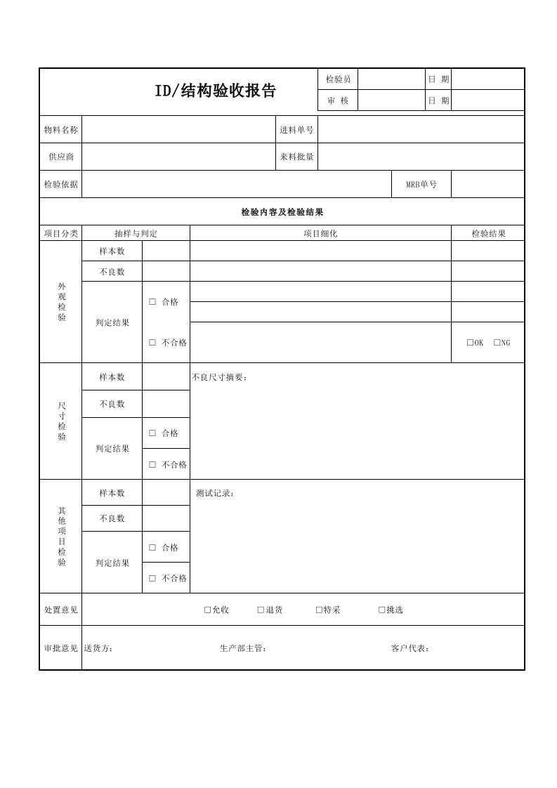 IQC来料检验报告表格