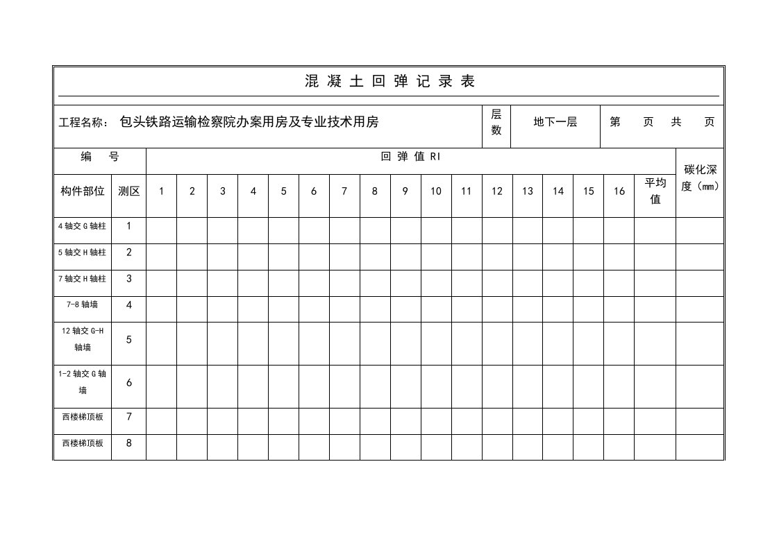 混凝土回弹记录表格模板