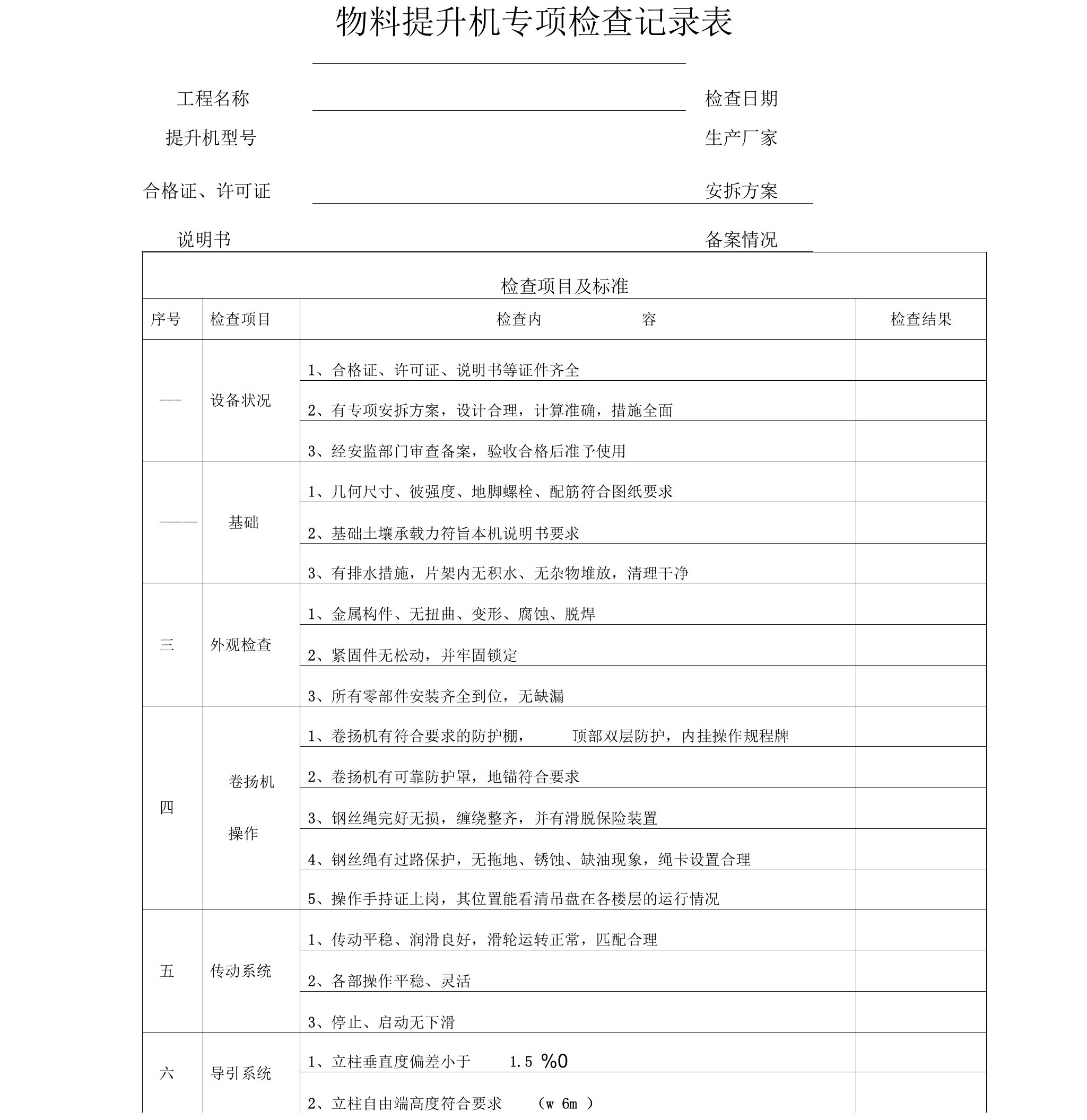 物料提升机专项检查记录表