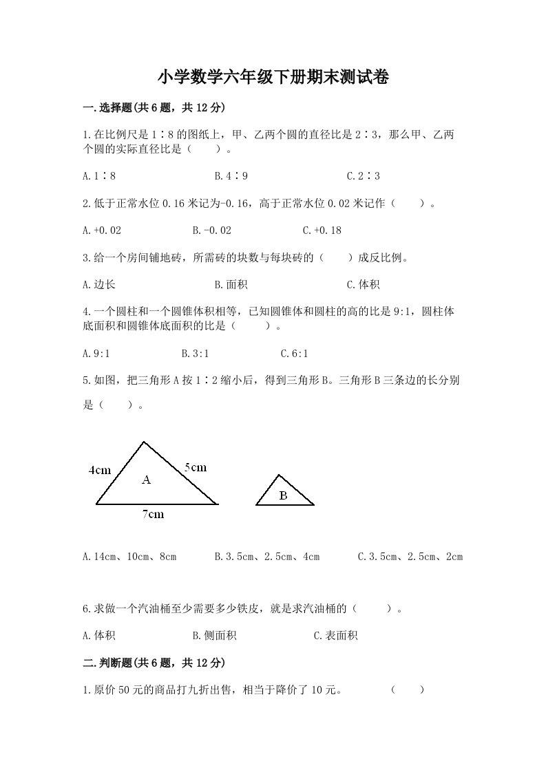 小学数学六年级下册期末测试卷附完整答案【各地真题】