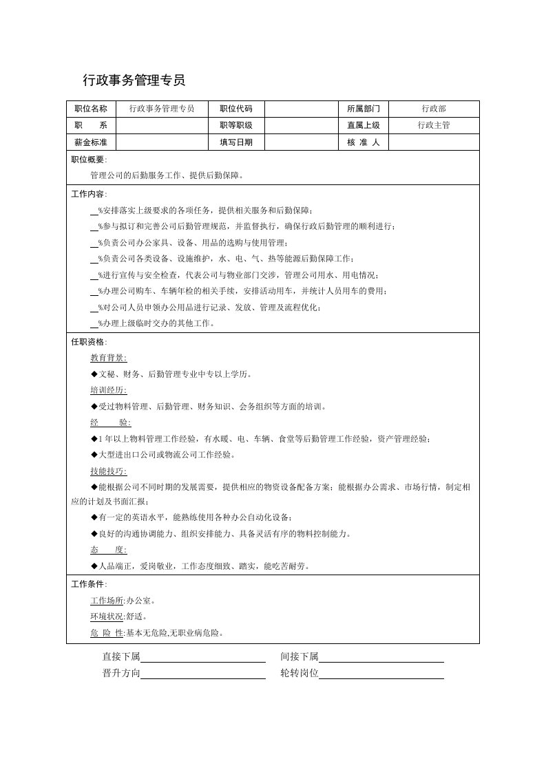 行政事务管理专员职位说明书