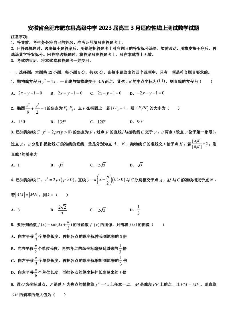 安徽省合肥市肥东县高级中学2023届高三3月适应性线上测试数学试题含解析