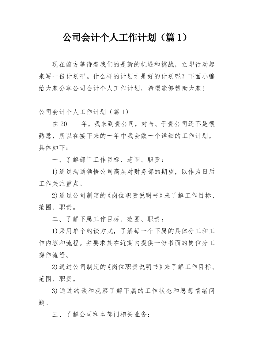 公司会计个人工作计划（篇1）