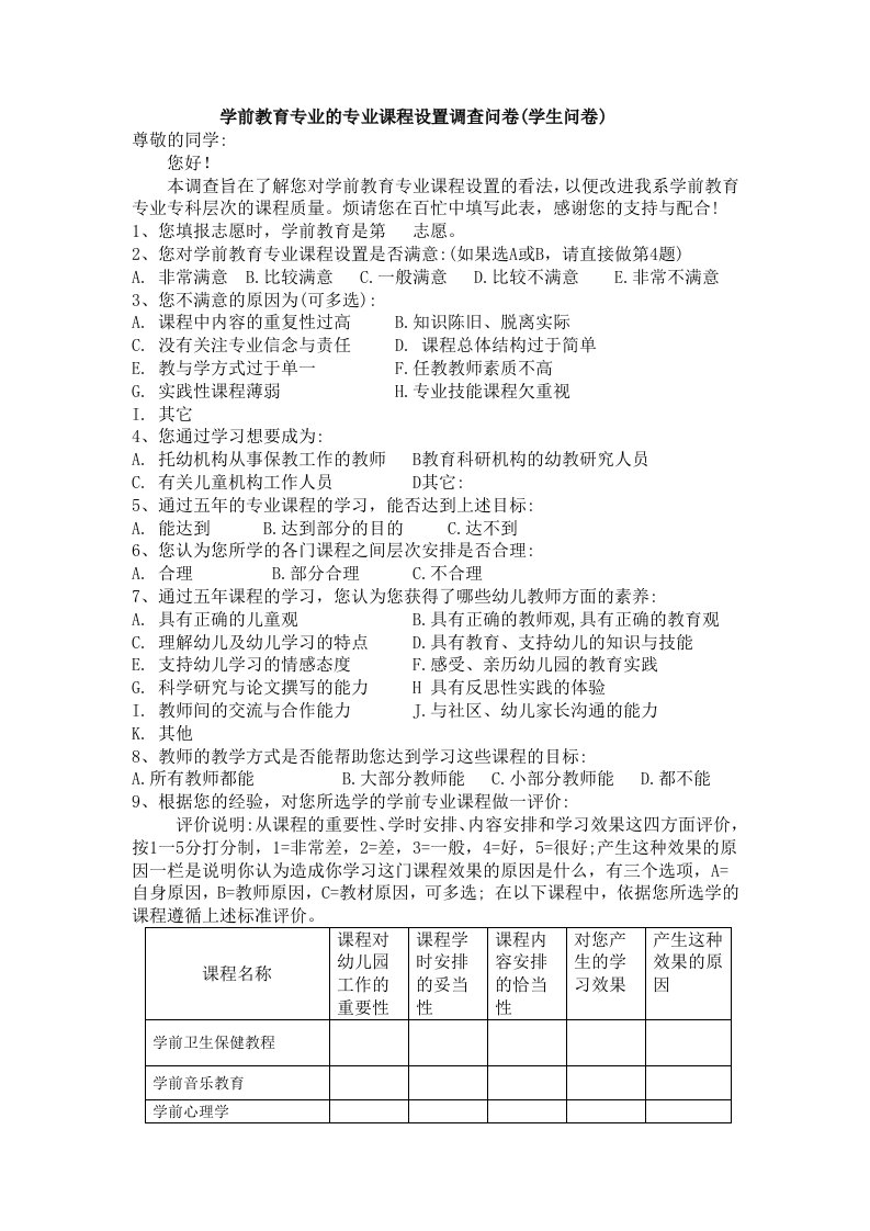 学前教育专业的专业课程设置调查问卷