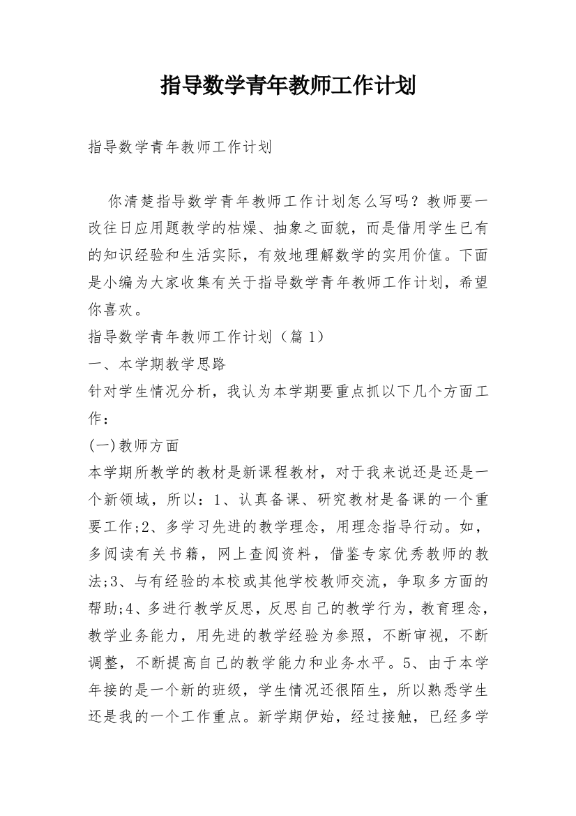 指导数学青年教师工作计划