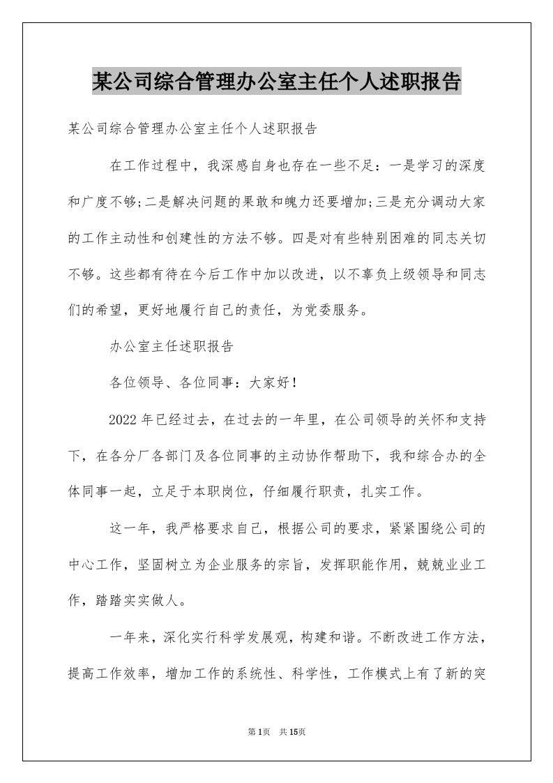 某公司综合管理办公室主任个人述职报告