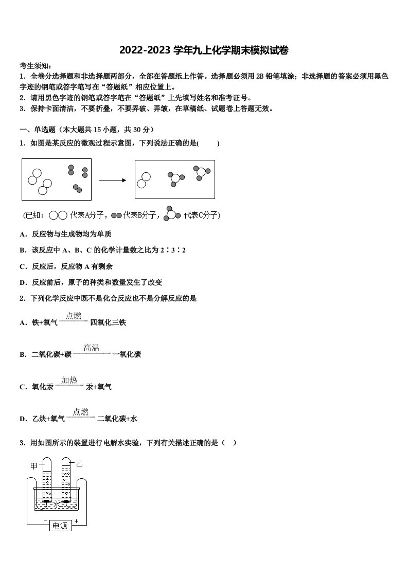 2022年苏南京一中学九年级化学第一学期期末联考模拟试题含解析