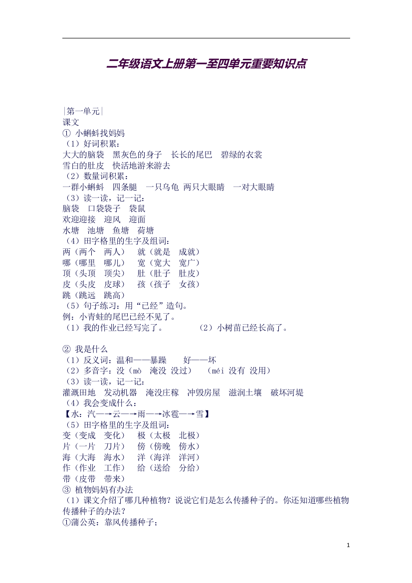 新人教二年级语文上册第一至四单元重要知识点(良心出品必属精品)