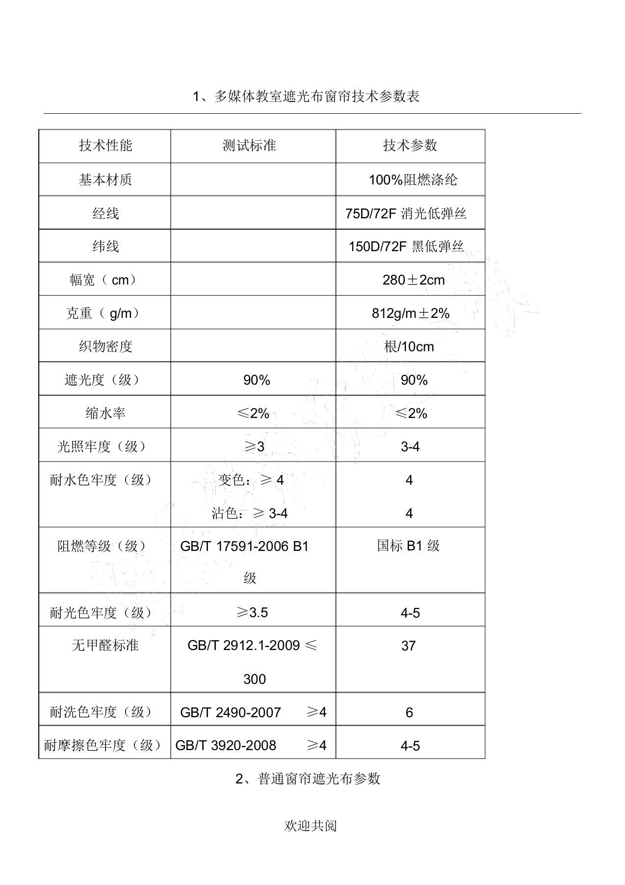 遮光布技术经验参数