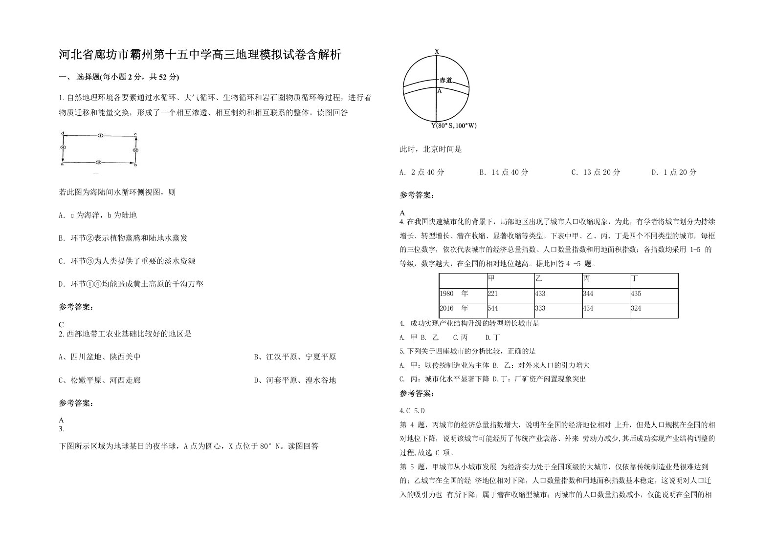 河北省廊坊市霸州第十五中学高三地理模拟试卷含解析