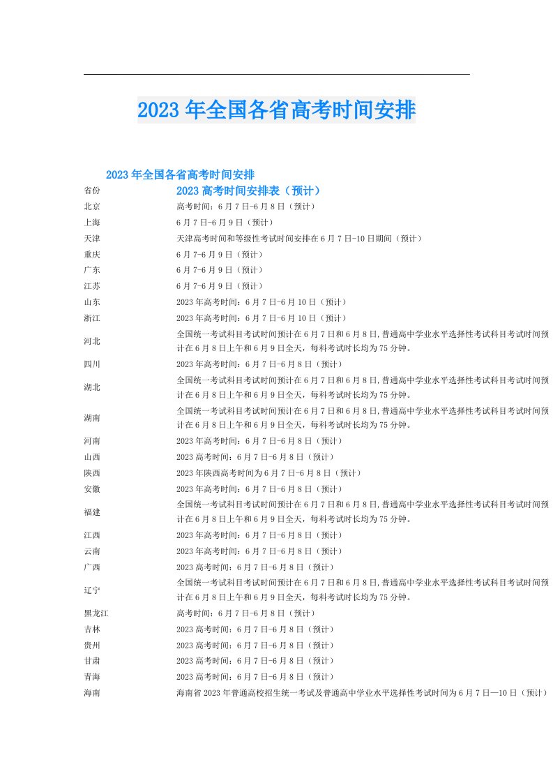 全国各省高考时间安排