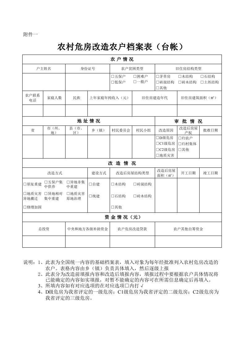 农村危房改造农户档案表(台帐)