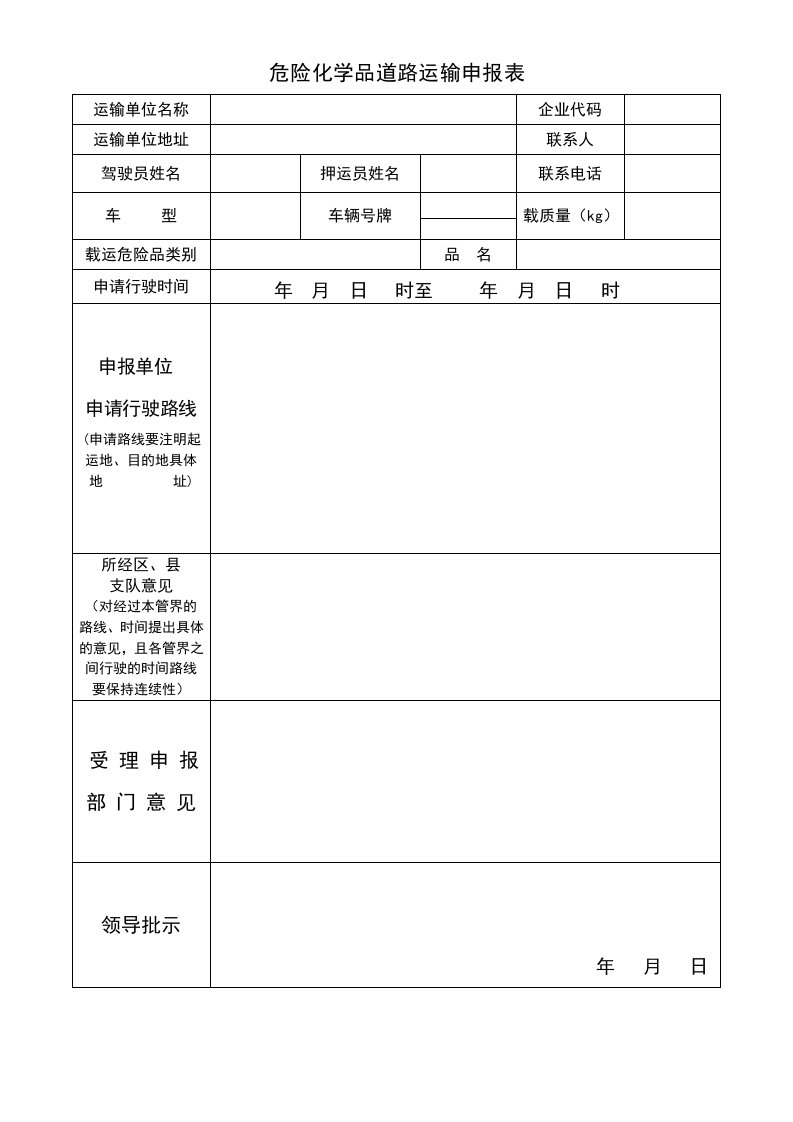 危险化学品道路运输申报表