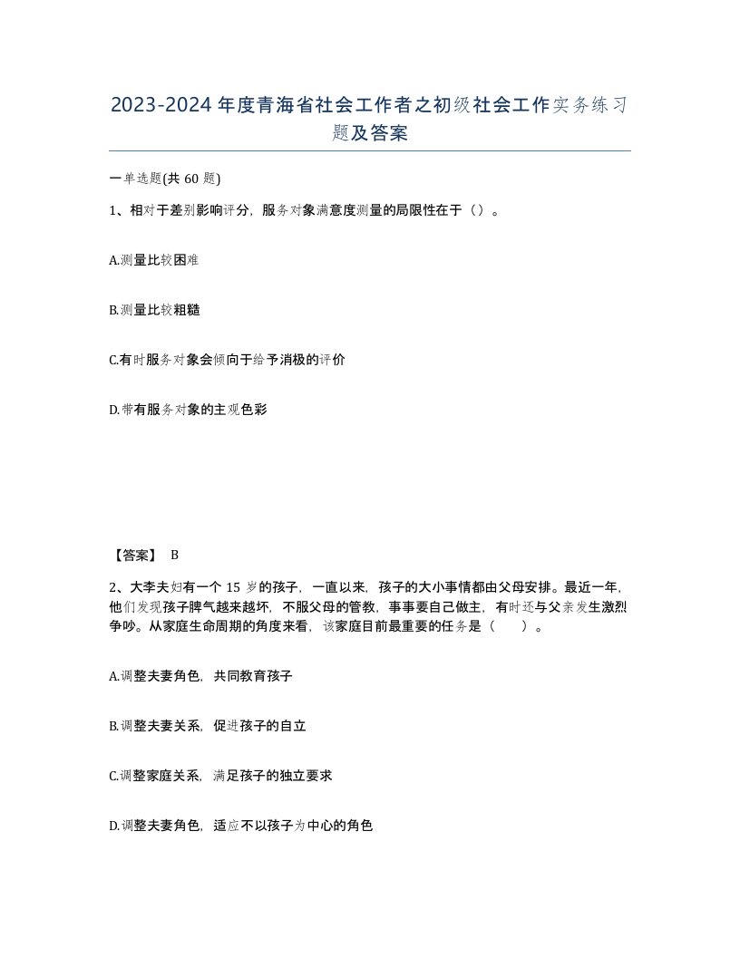 2023-2024年度青海省社会工作者之初级社会工作实务练习题及答案