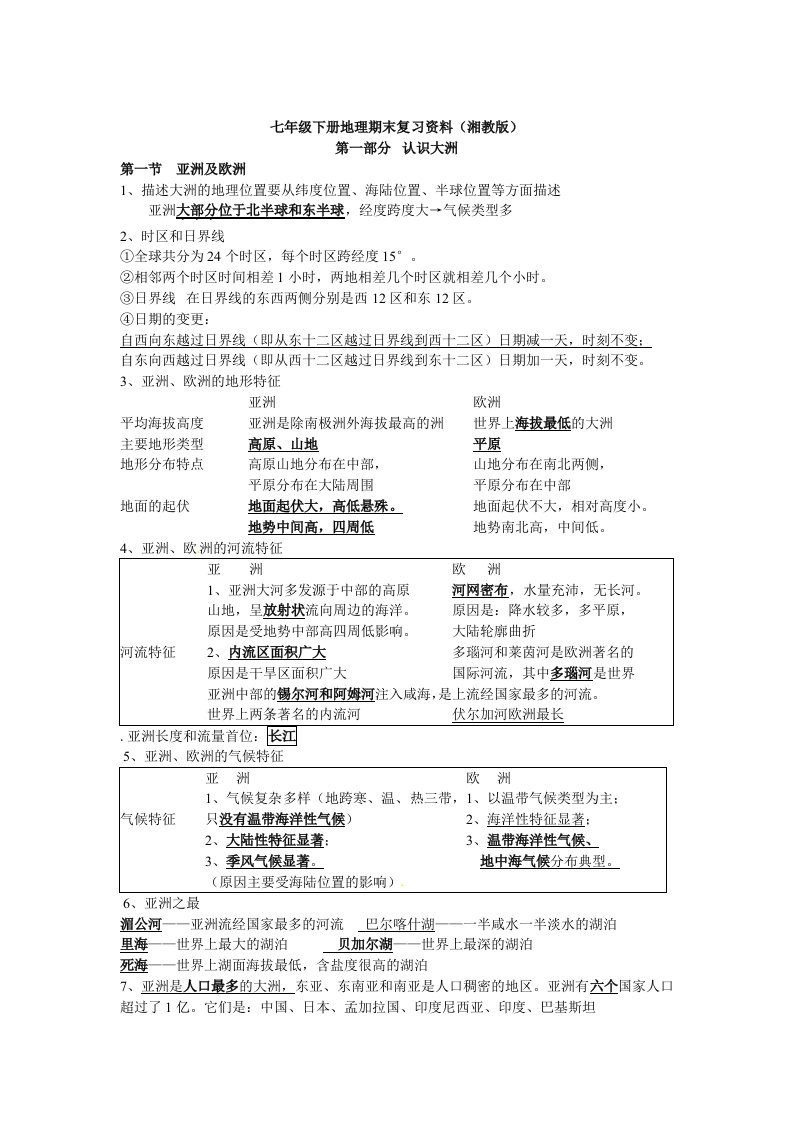 初一下学期地理期中考试复习提纲