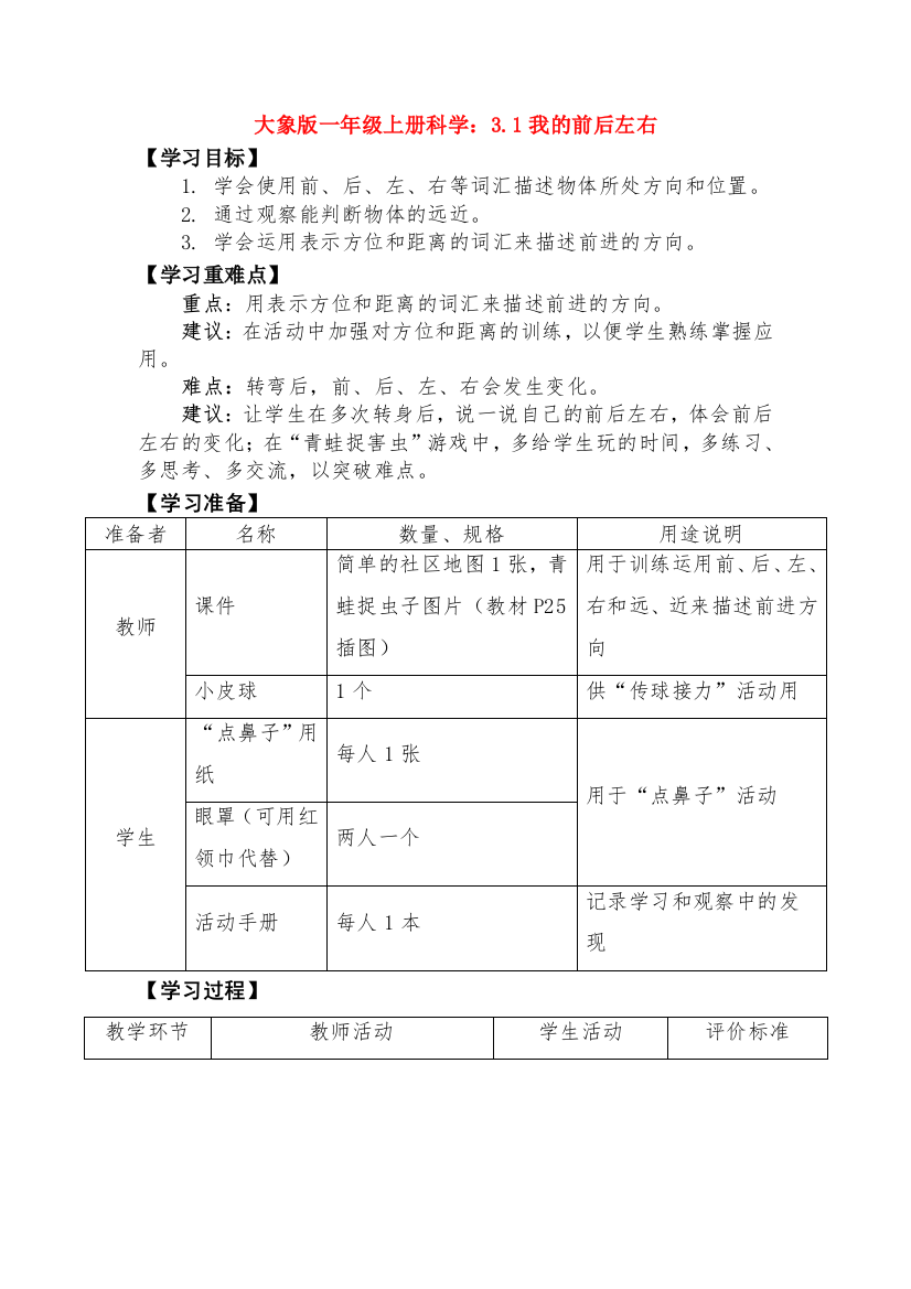 最新大象版一年级上册科学：3.1我的前后左右