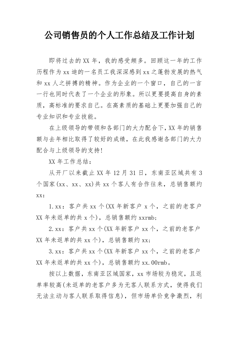 公司销售员的个人工作总结及工作计划