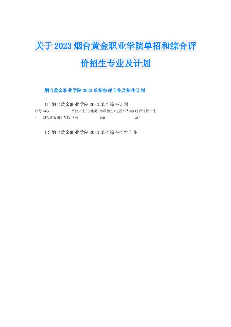 关于烟台黄金职业学院单招和综合评价招生专业及计划