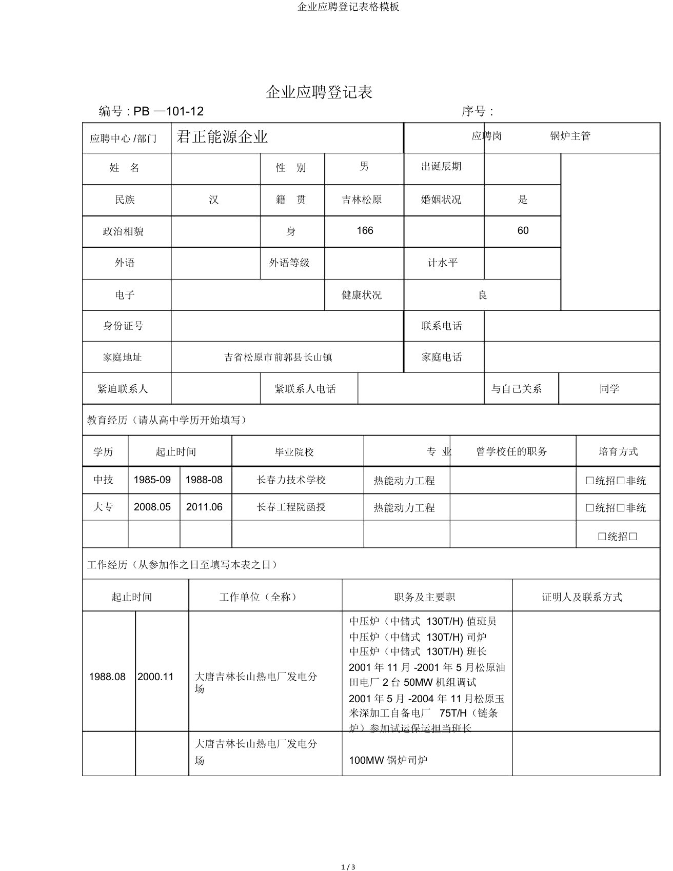 公司应聘登记表格模板