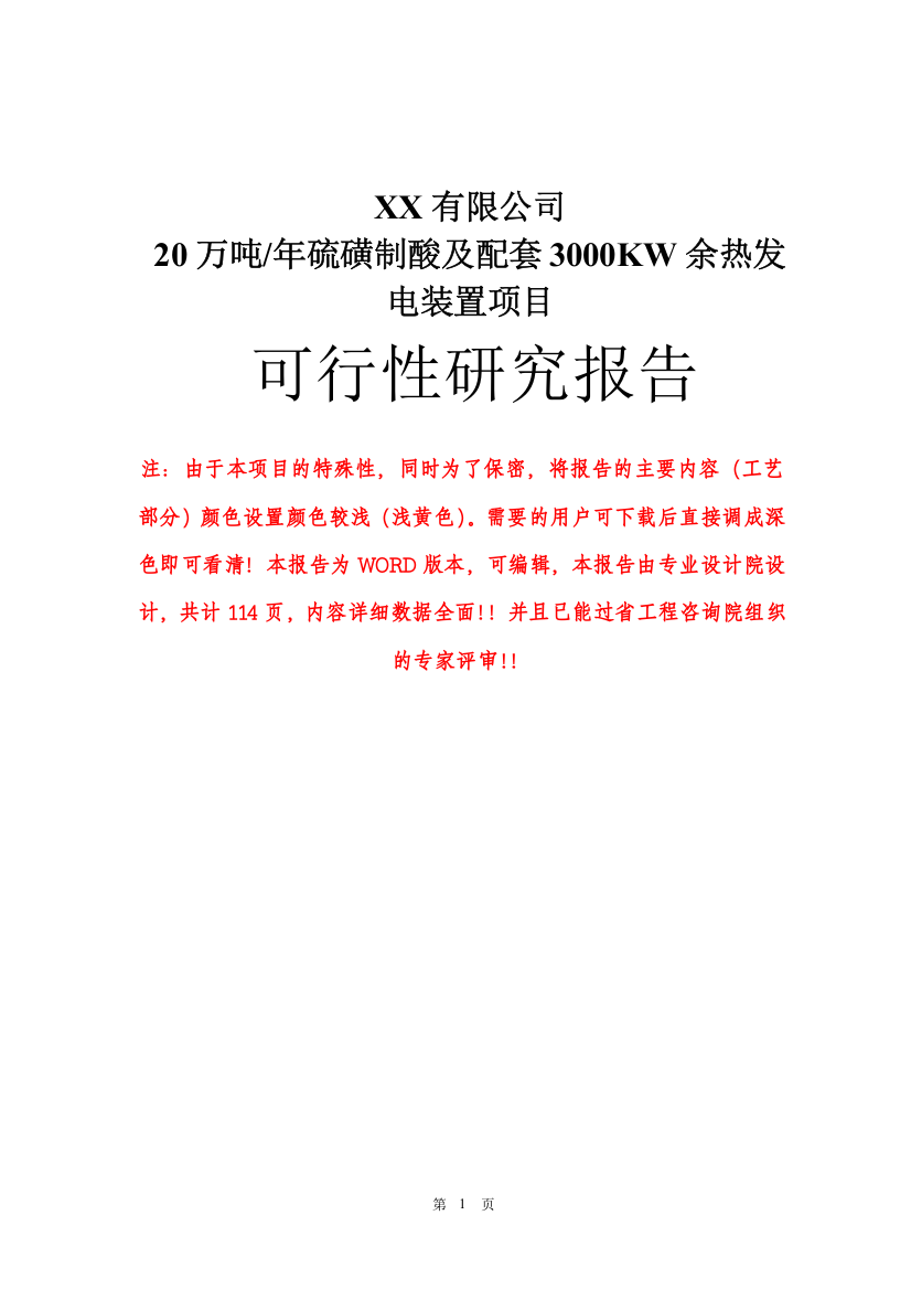 公司20万吨年硫磺制酸及配套3000kw余热发电装置工程申请报告