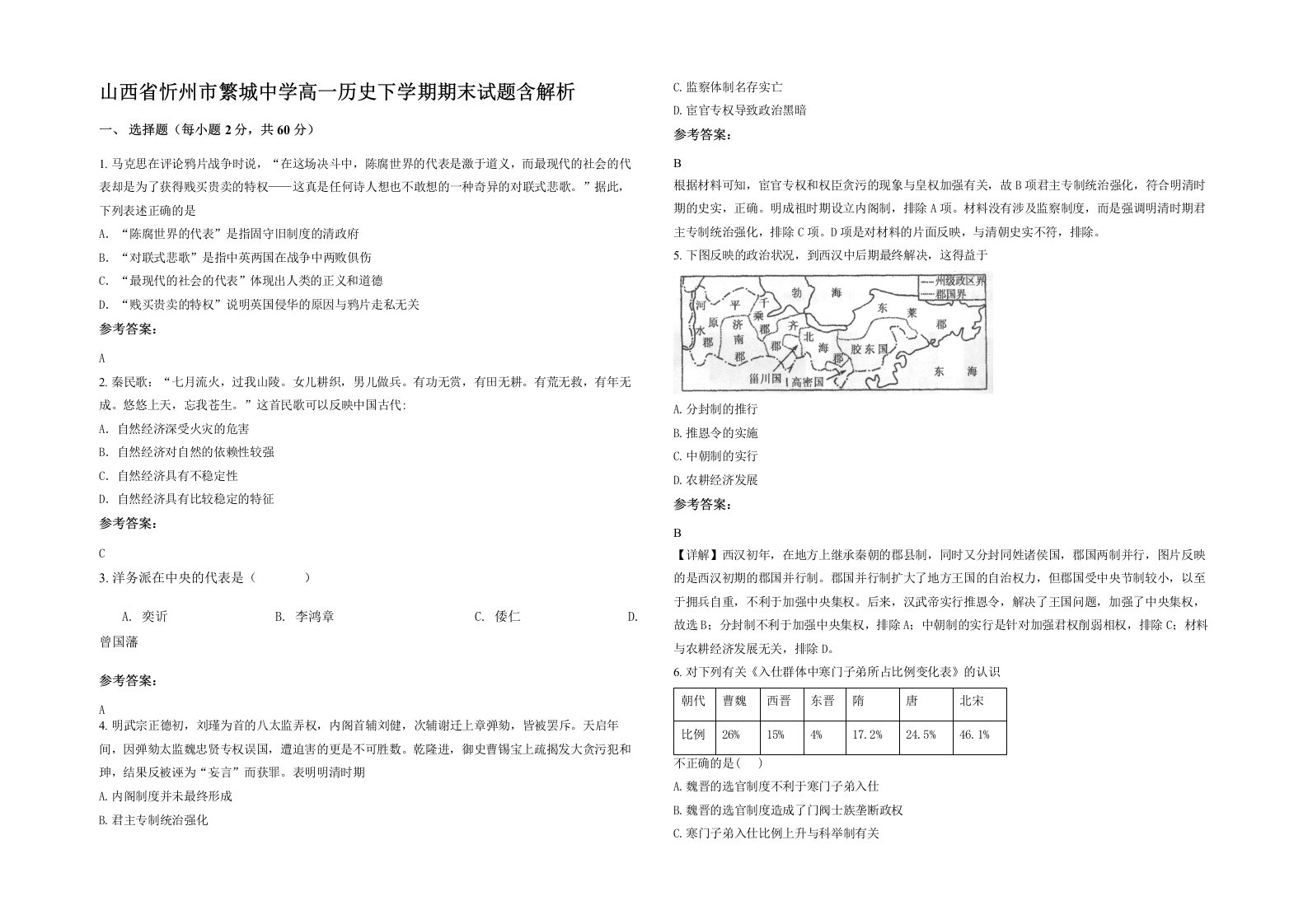 山西省忻州市繁城中学高一历史下学期期末试题含解析