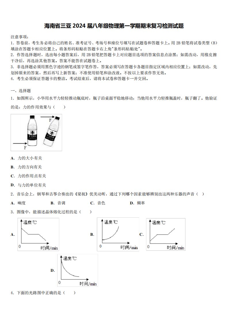 海南省三亚2024届八年级物理第一学期期末复习检测试题含解析