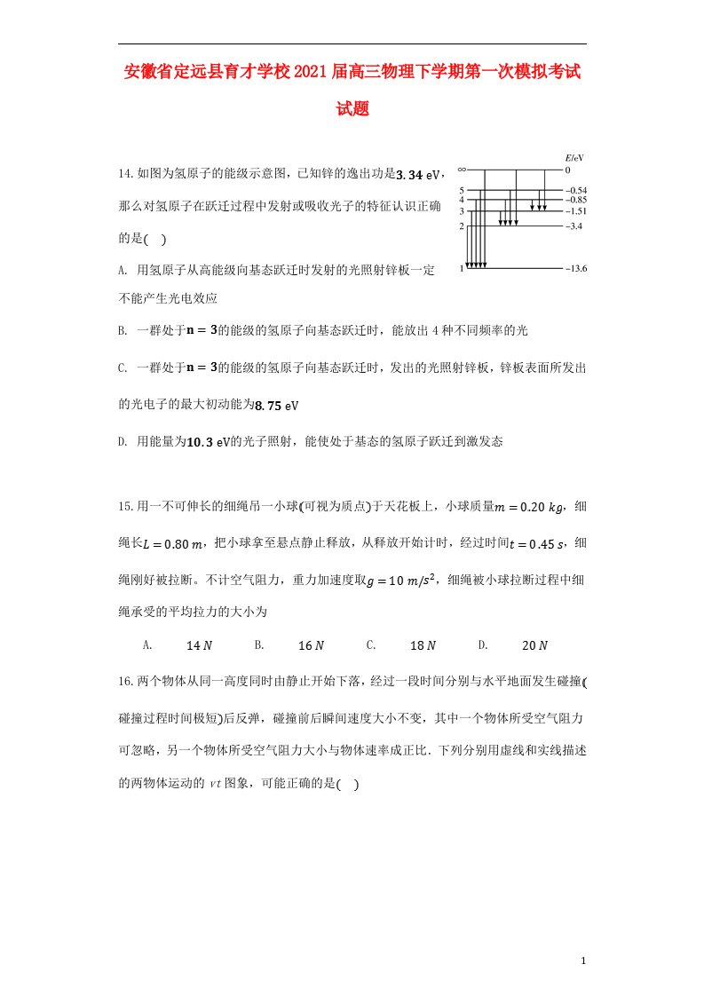 安徽狮远县育才学校2021届高三物理下学期第一次模拟考试试题