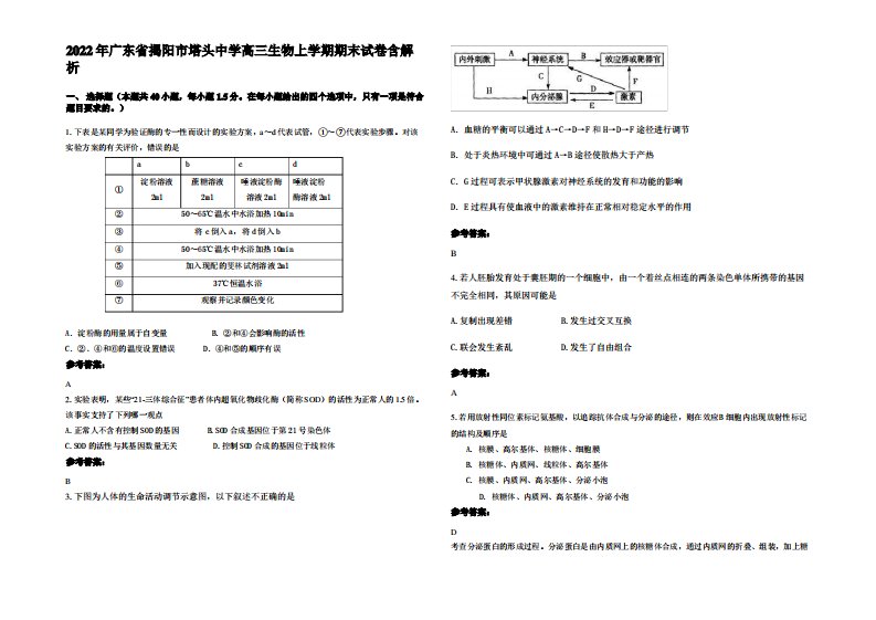 2022年广东省揭阳市塔头中学高三生物上学期期末试卷含解析