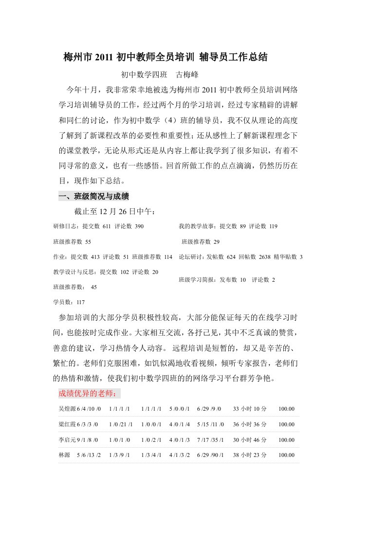 梅州市2011初中教师全员培训辅导员工作总结