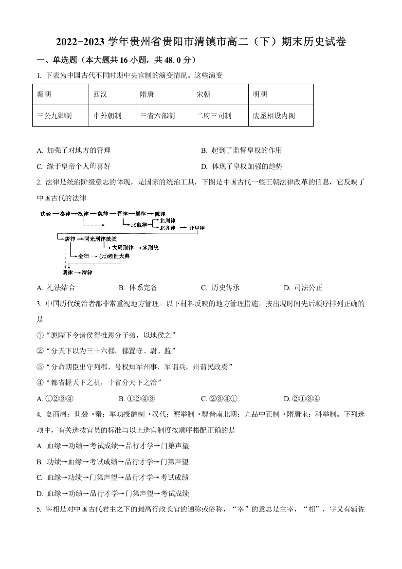 贵州省贵阳市清镇市2022-2023学年高二下学期期末考试历史试题