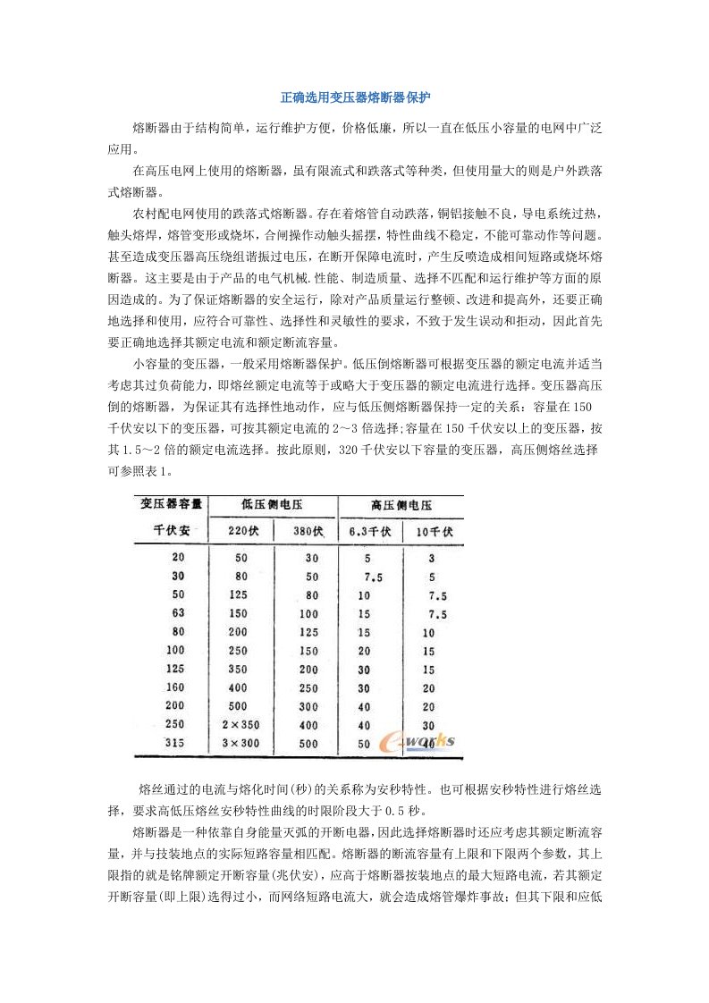 正确选用变压器熔断器保护