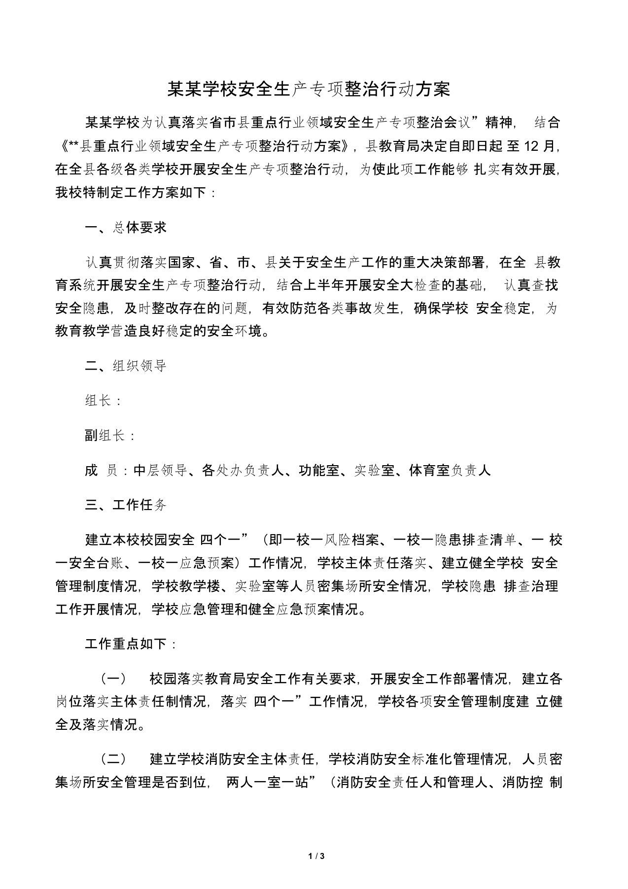 某某学校安全生产专项整治行动方案