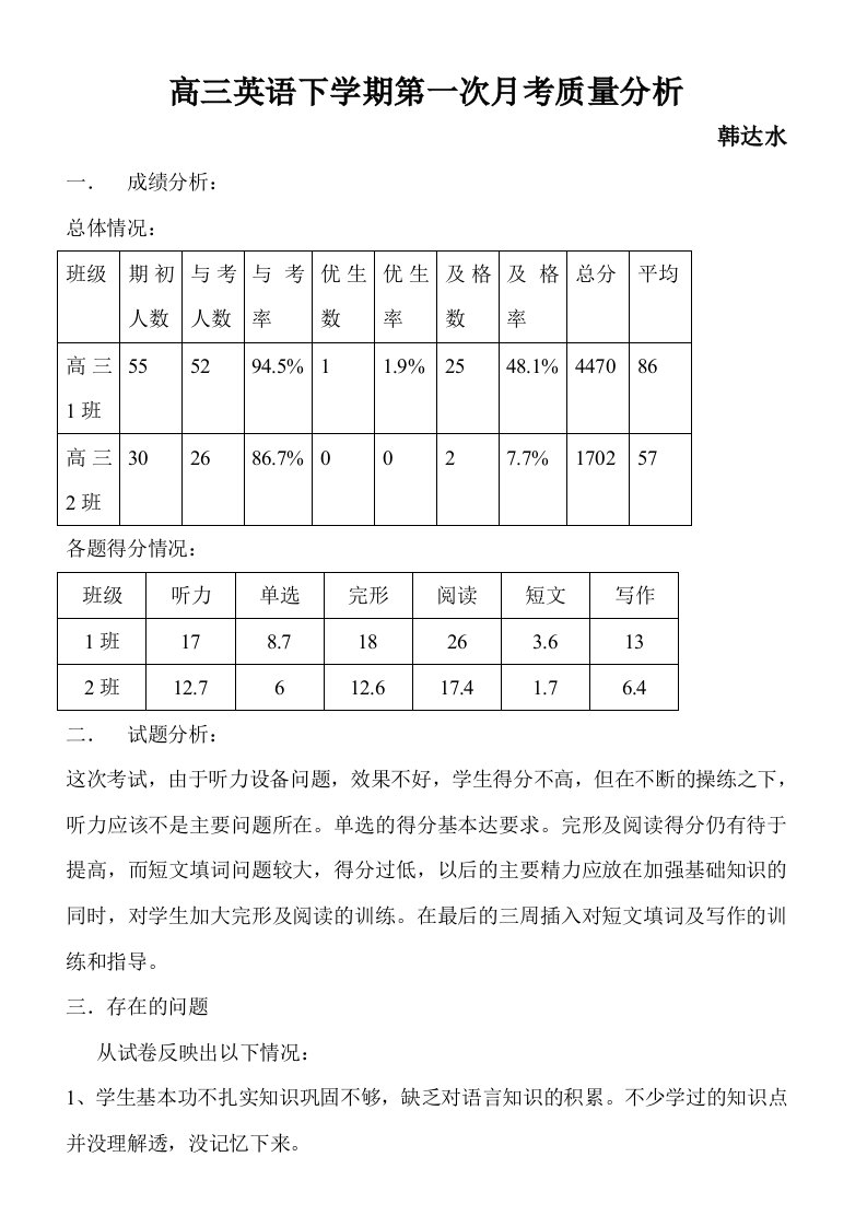 高三英语下学期第一次月考质量分析